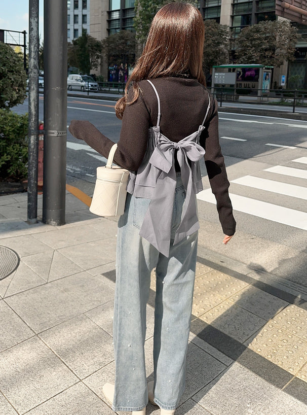 <預訂> JP 背面綁帶背心馬甲 + 羅紋針織上衣套裝｜兩色入