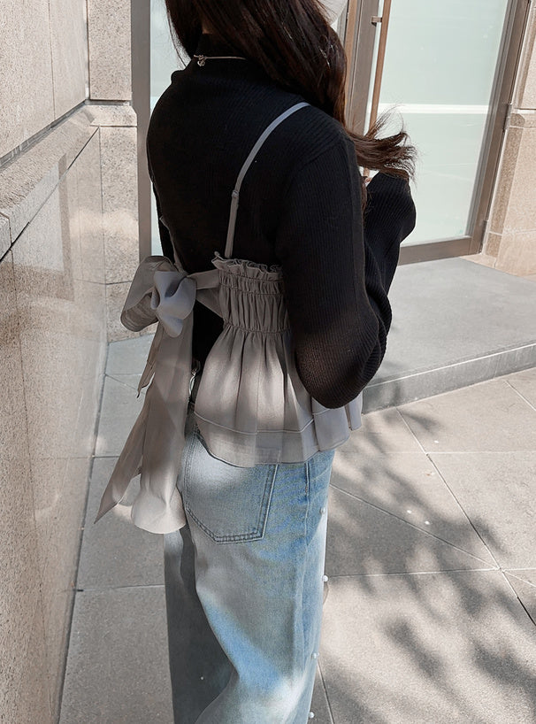 <預訂> JP 背面綁帶背心馬甲 + 羅紋針織上衣套裝｜兩色入