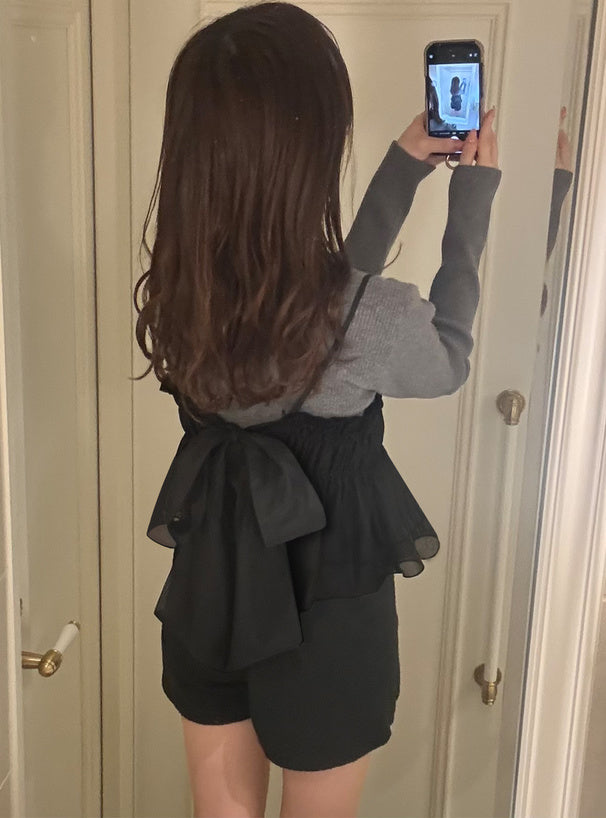 <預訂> JP 背面綁帶背心馬甲 + 羅紋針織上衣套裝｜兩色入