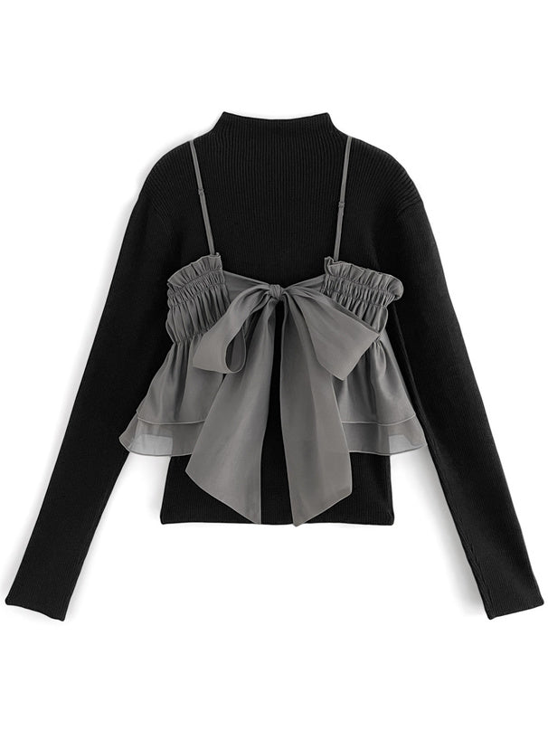 <預訂> JP 背面綁帶背心馬甲 + 羅紋針織上衣套裝｜兩色入