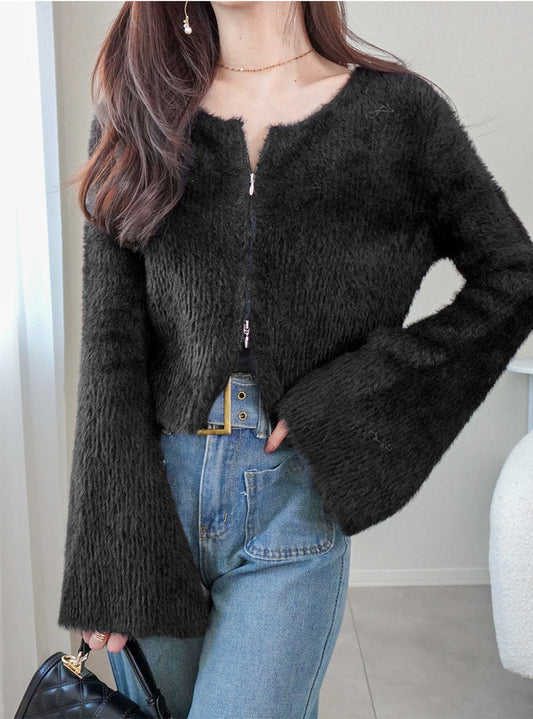 <預訂> 羽毛針織雙拉鍊短喇叭袖上衣｜五色入