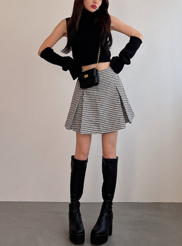 <預訂>  千鳥紋喇叭傘型短款裙(含打底)
